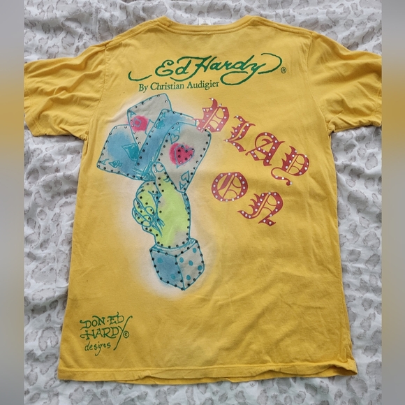 Y2K DON ED HARDY by Christian Audigier Yellow Tee Men Large - Picture 6 of 8